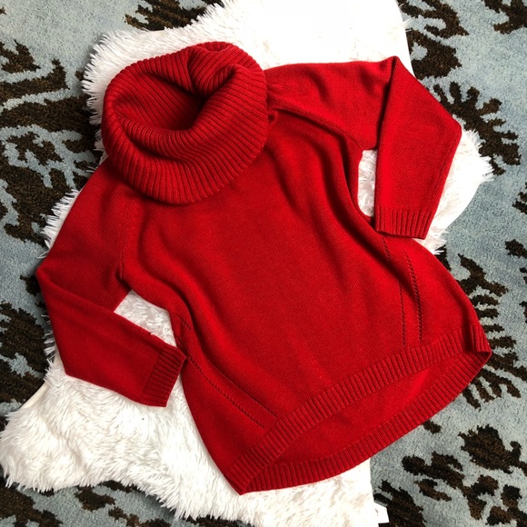 INC International Concepts Sweaters - INC Red Chunky Knit Red Cowl Turtleneck Sweater